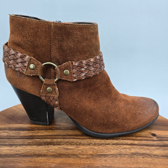 Boc Born Boots Women's 8.5 M Brown Suede Leather Harness Braided Heeled Booties - Picture 1 of 9